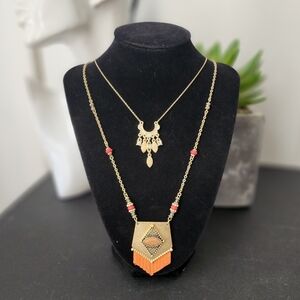 Boho Double Strand and Pendant Chain Necklace with Orange Fringe